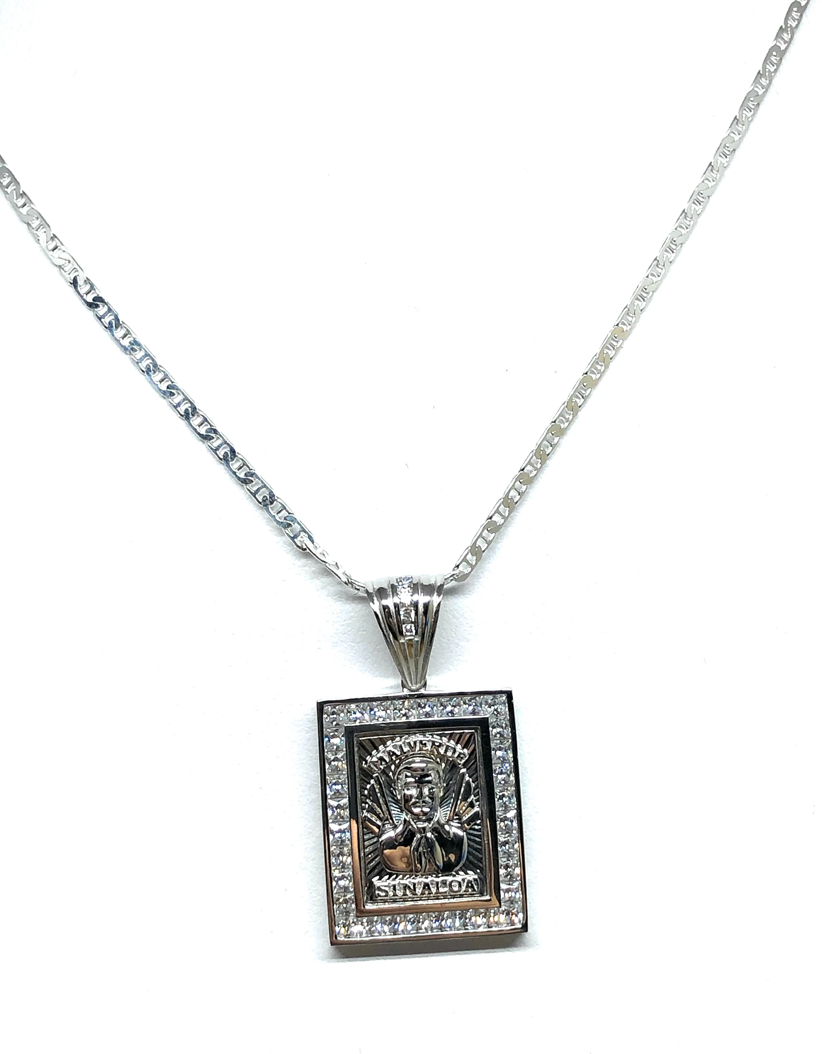 .925 Silver Jesus Malverde CZ Pendant Necklace with Valentina Chain - Image 6