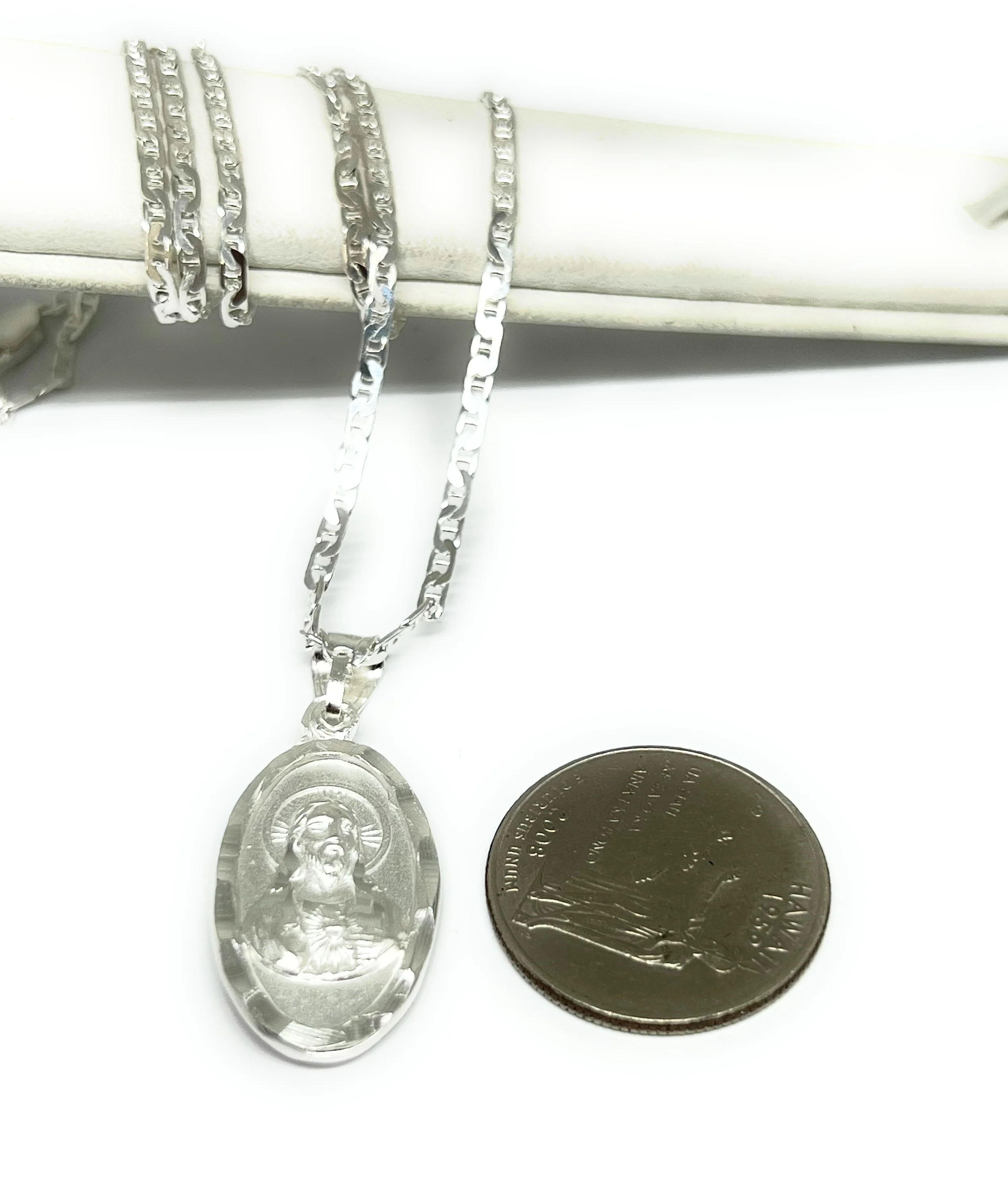 .925 Silver Jesus Sagrado Corazon & Virrgin Mary Double Sided Pendant Necklace - Image 2