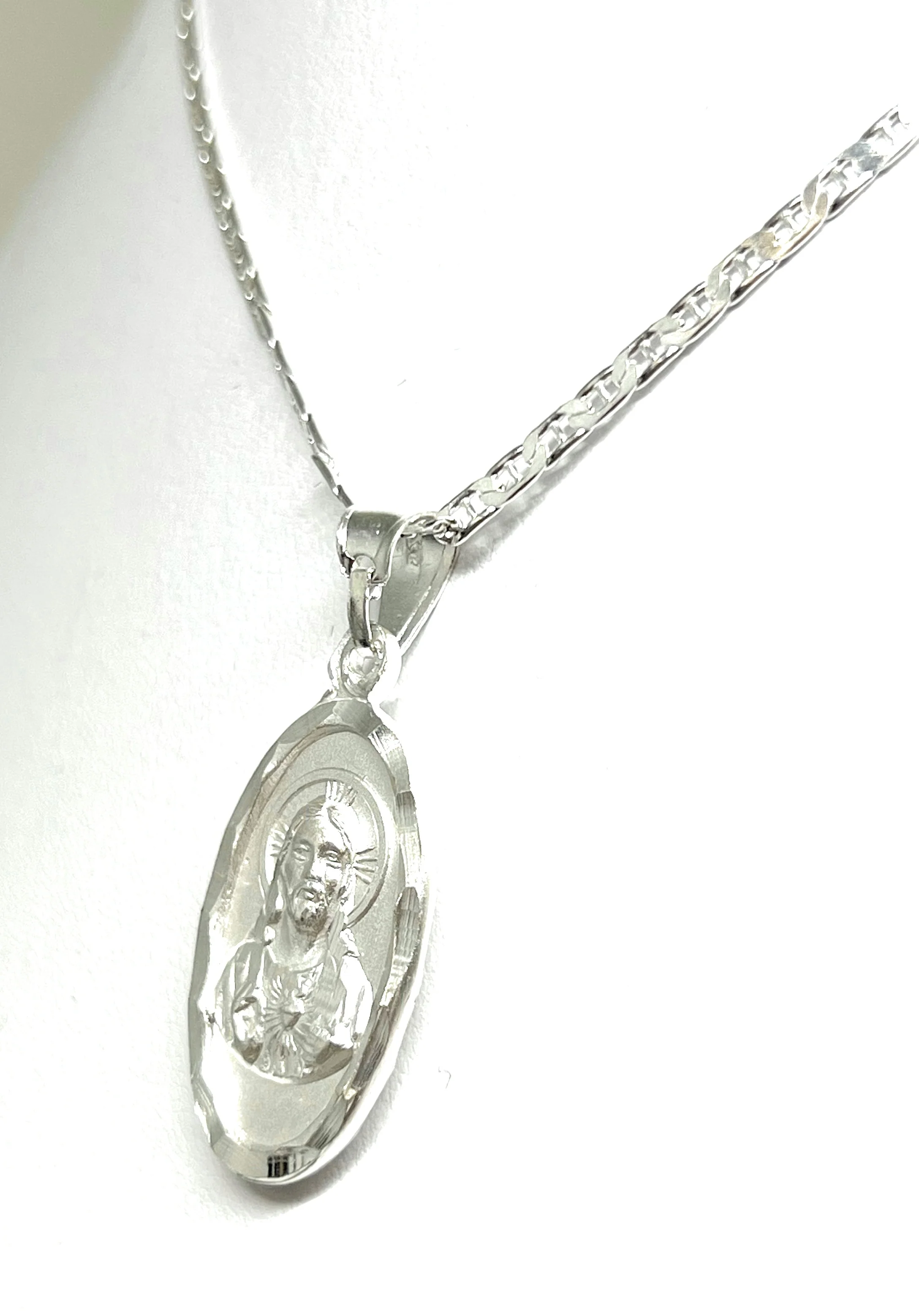 .925 Silver Jesus Sagrado Corazon & Virrgin Mary Double Sided Pendant Necklace - Image 4