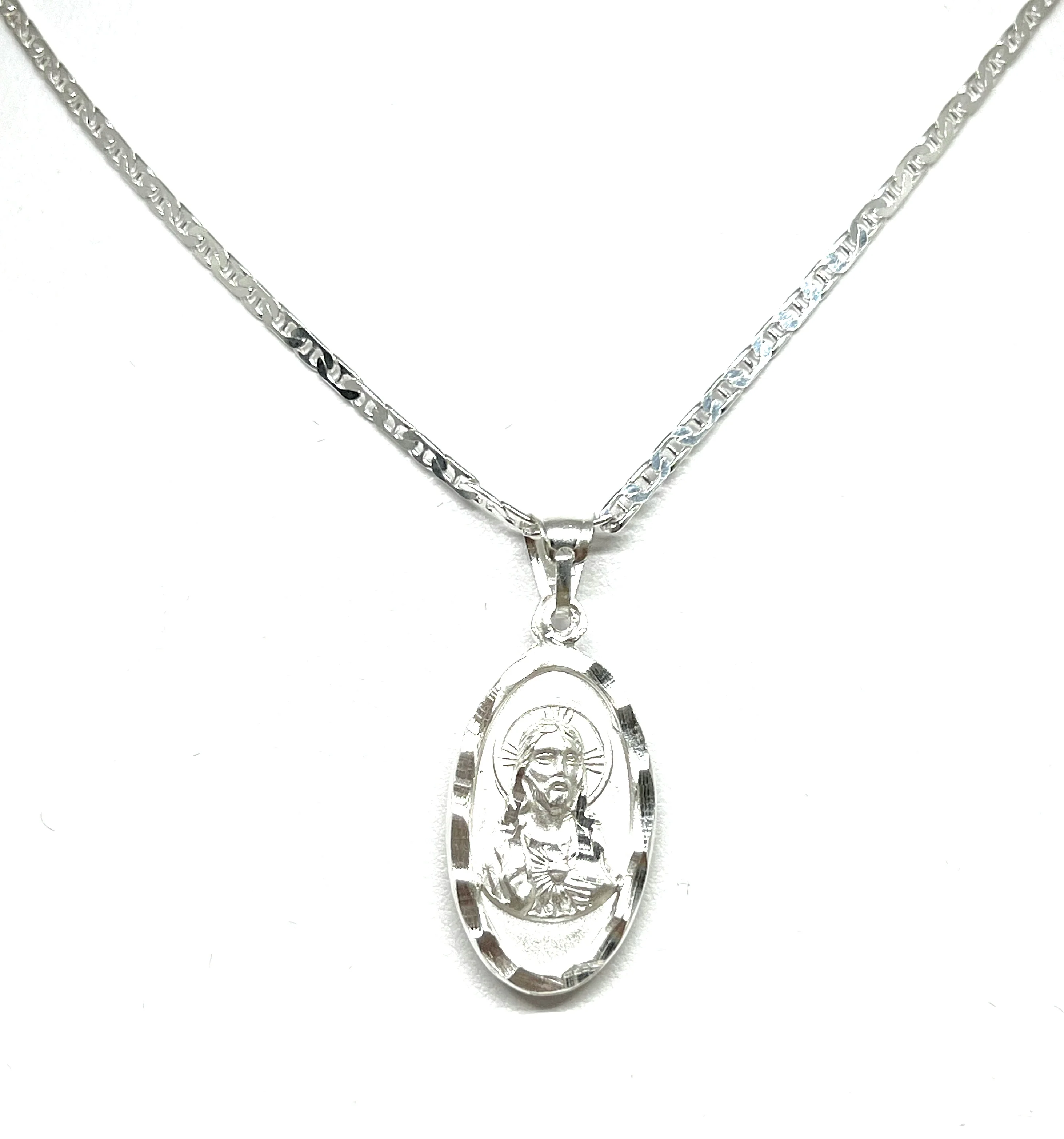.925 Silver Jesus Sagrado Corazon & Virrgin Mary Double Sided Pendant Necklace - Image 5
