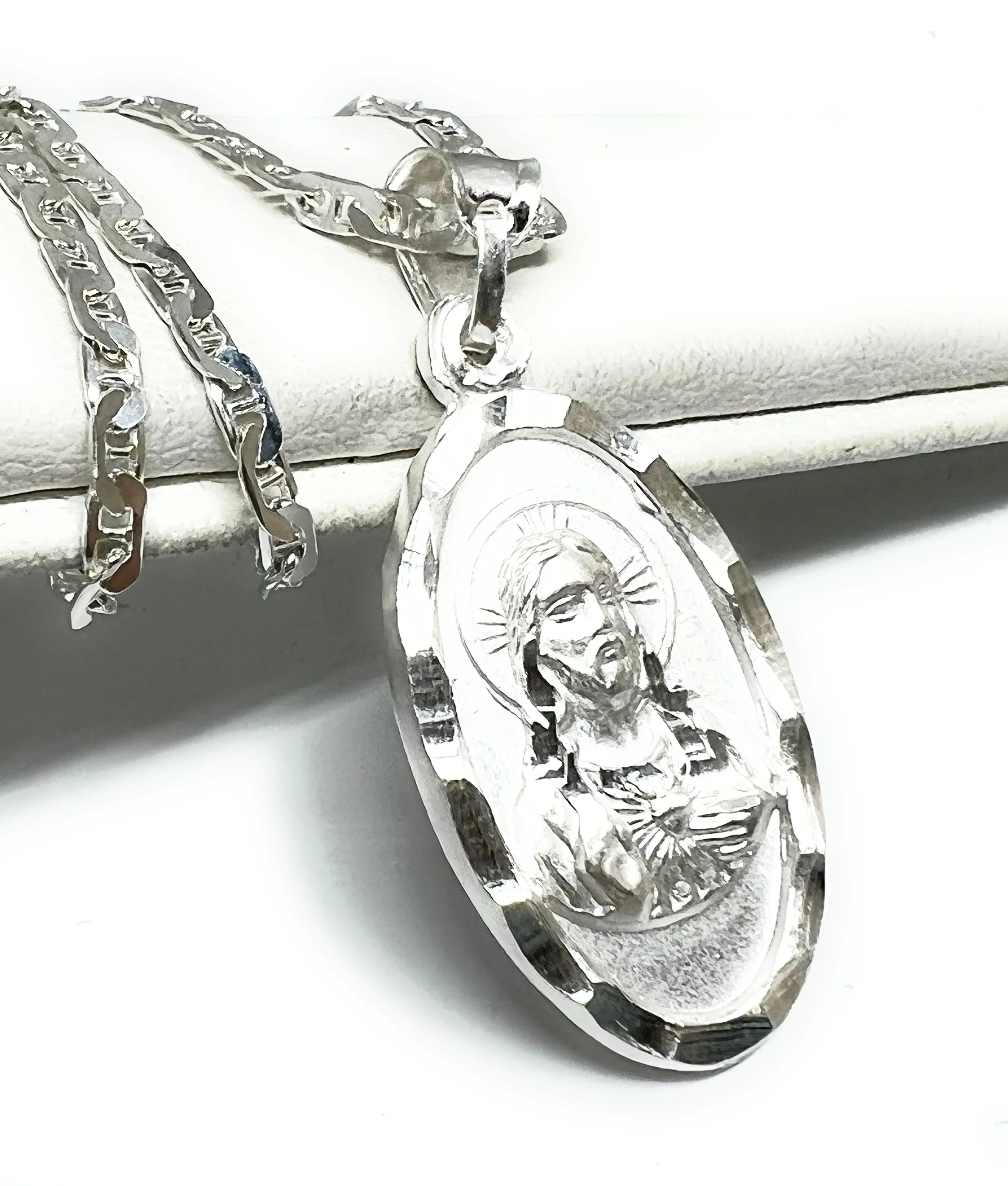 .925 Silver Jesus Sagrado Corazon & Virrgin Mary Double Sided Pendant Necklace - Image 6