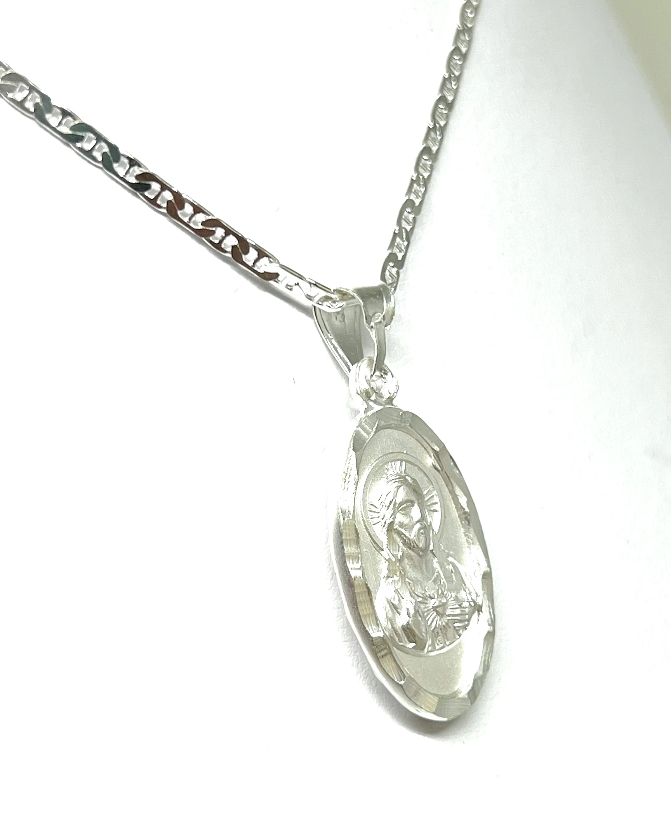 .925 Silver Jesus Sagrado Corazon & Virrgin Mary Double Sided Pendant Necklace - Image 7