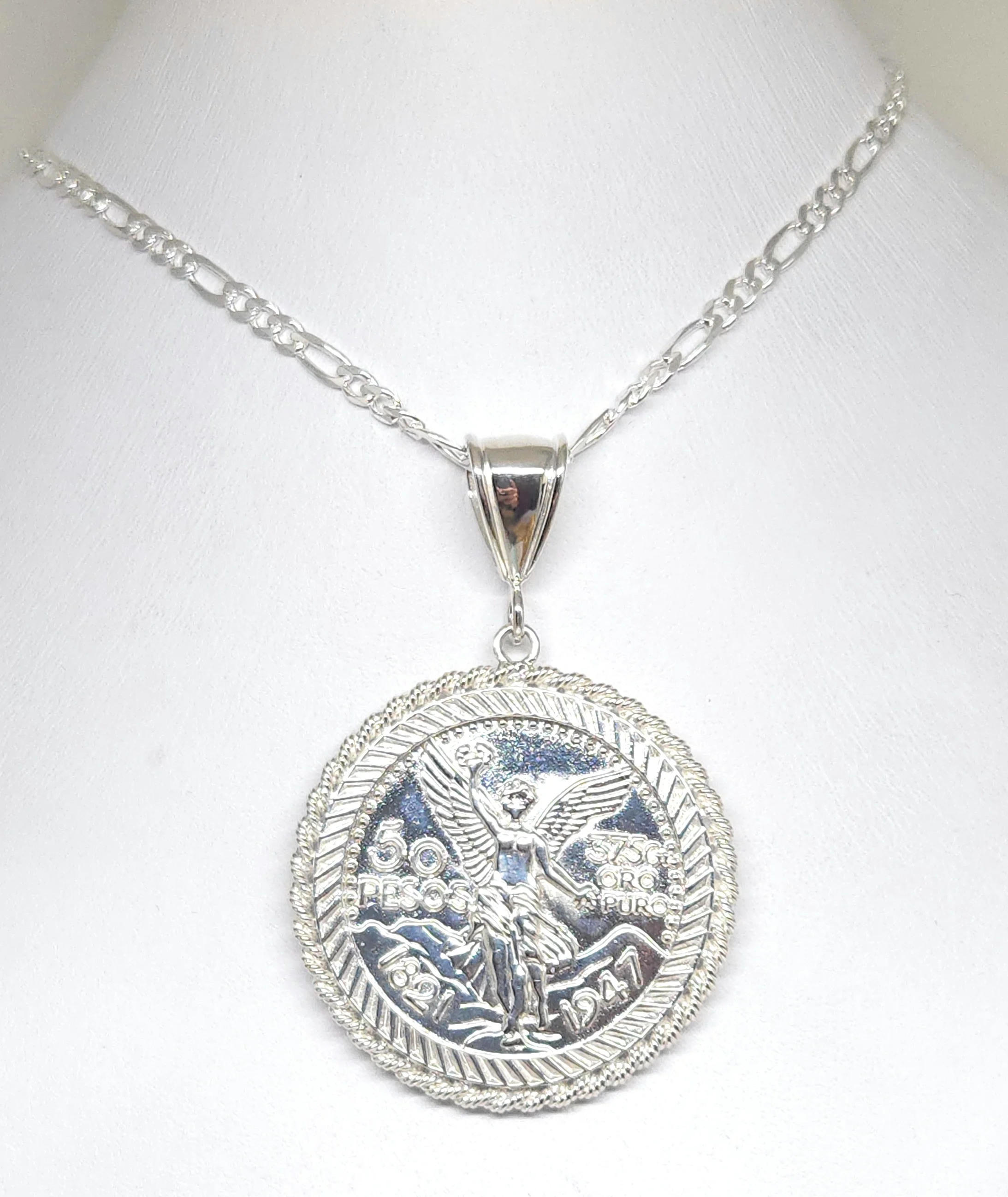 .925 Silver MEXICAN CENNTENARIO 50 PESOS COIN PENDANT NECKLACE (COPY OF ORIGINAL) - Image 6