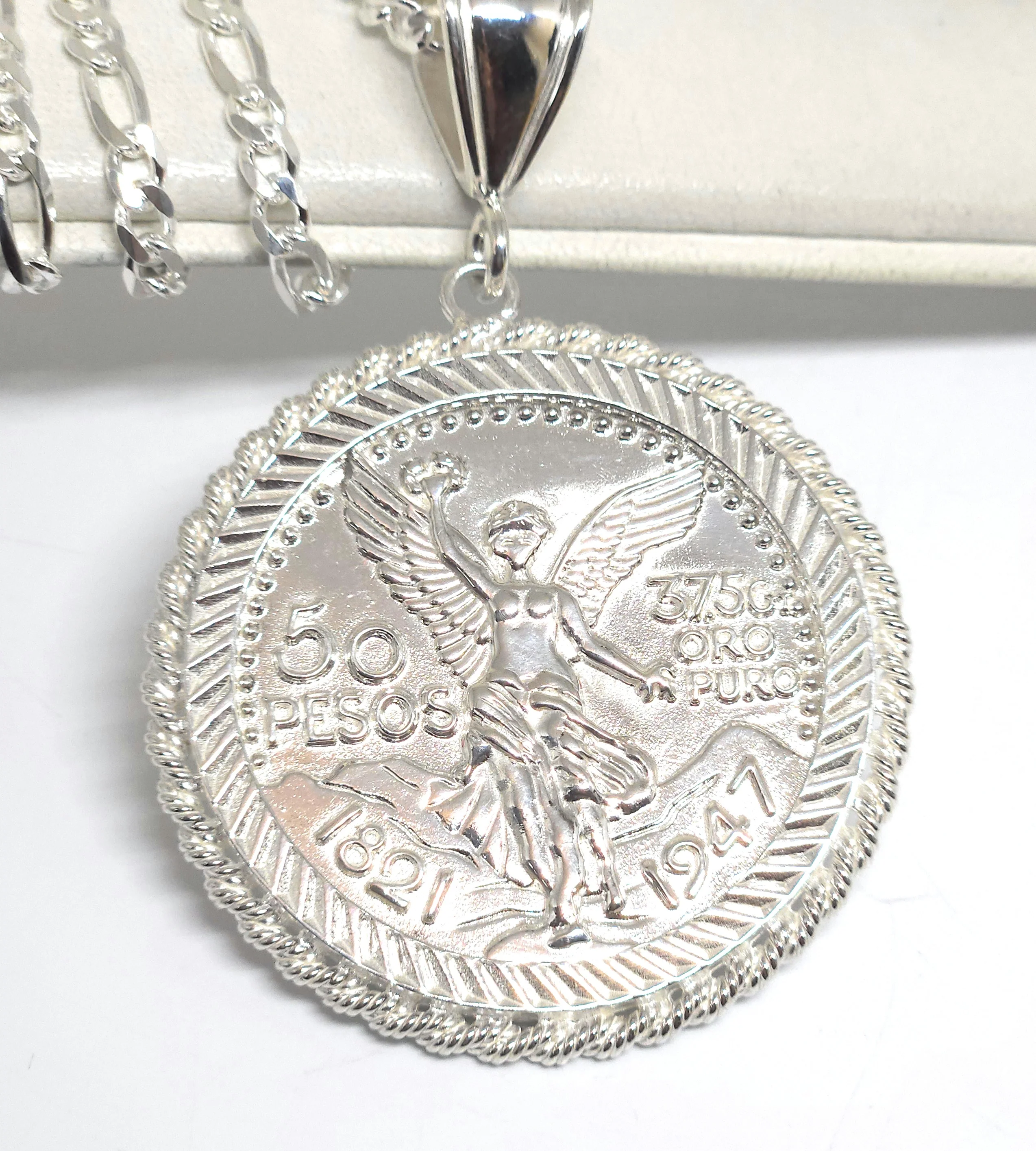 .925 Silver MEXICAN CENNTENARIO 50 PESOS COIN PENDANT NECKLACE (COPY OF ORIGINAL) - Image 7