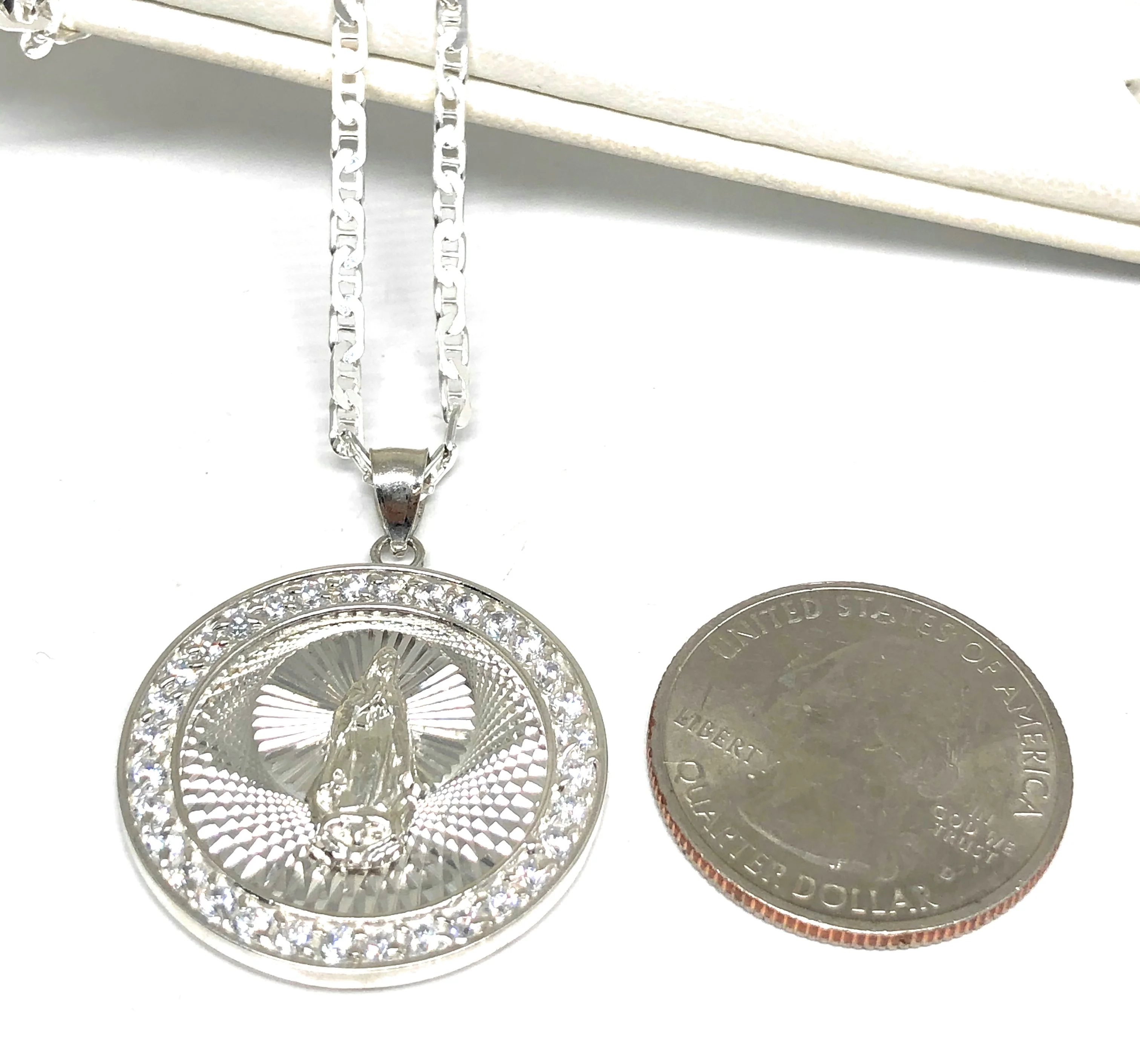 .925 Silver Round Virrgin Marry Pendant CZ Necklace with Chain Options - Image 2