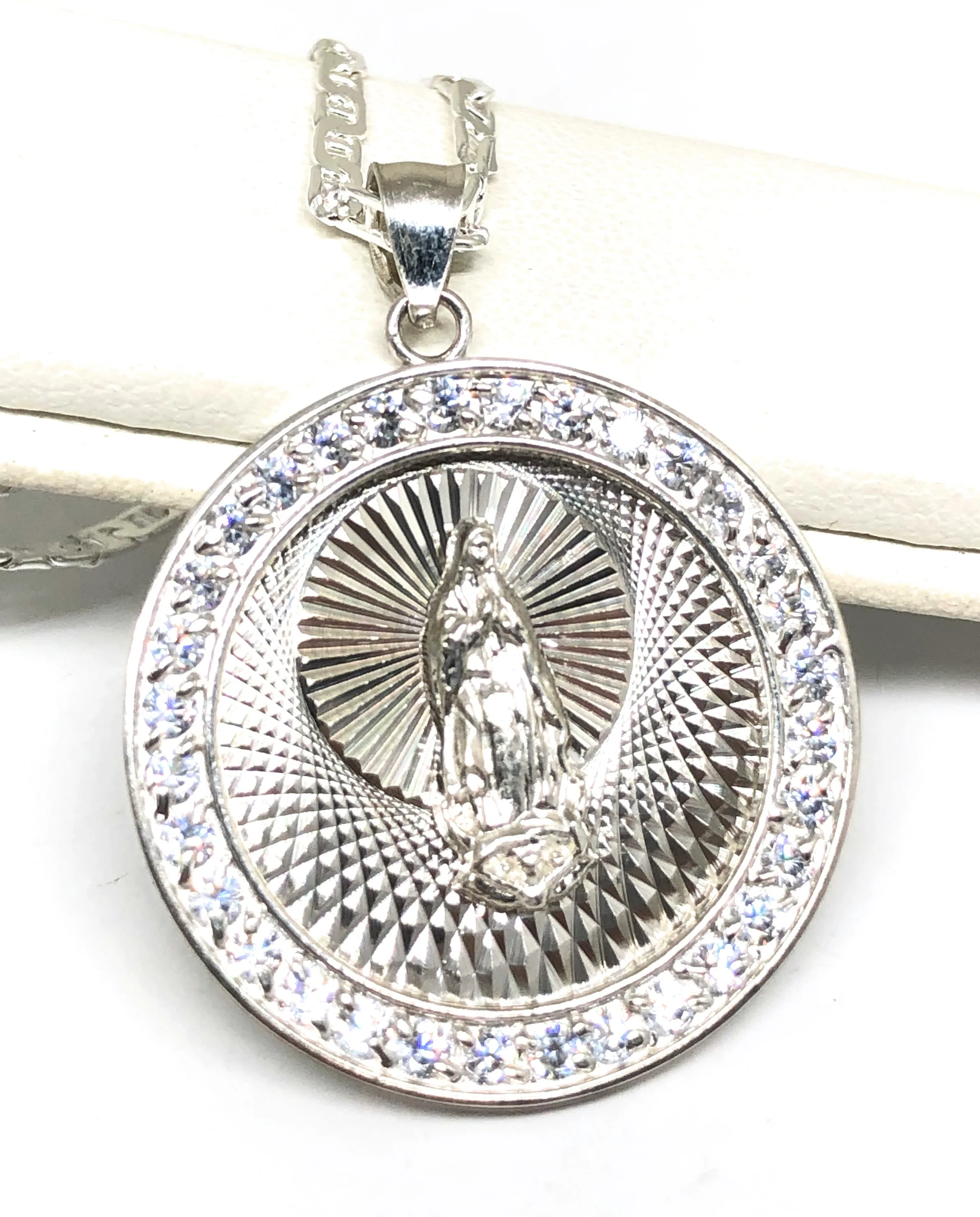 .925 Silver Round Virrgin Marry Pendant CZ Necklace with Chain Options - Image 3