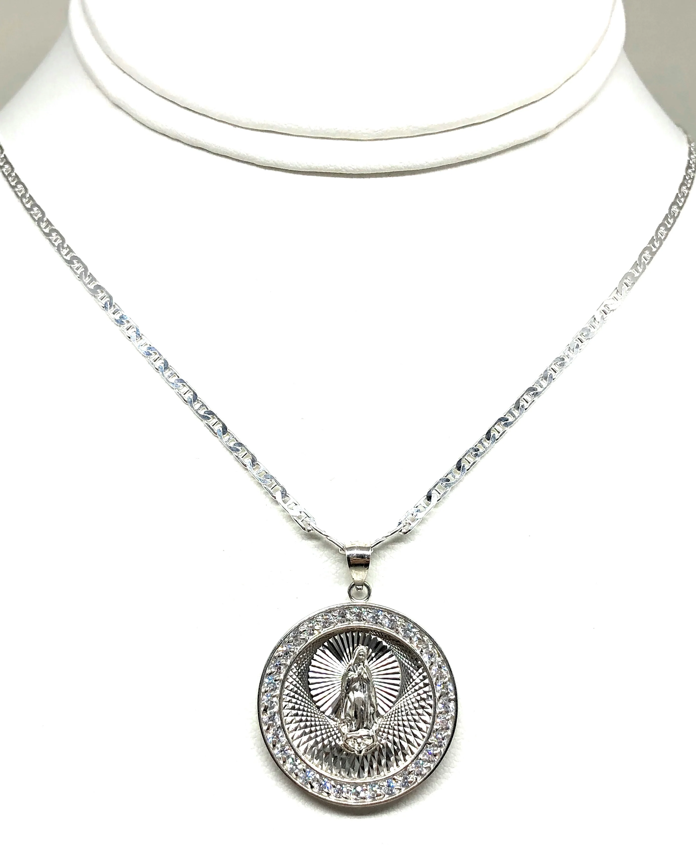 .925 Silver Round Virrgin Marry Pendant CZ Necklace with Chain Options - Image 4