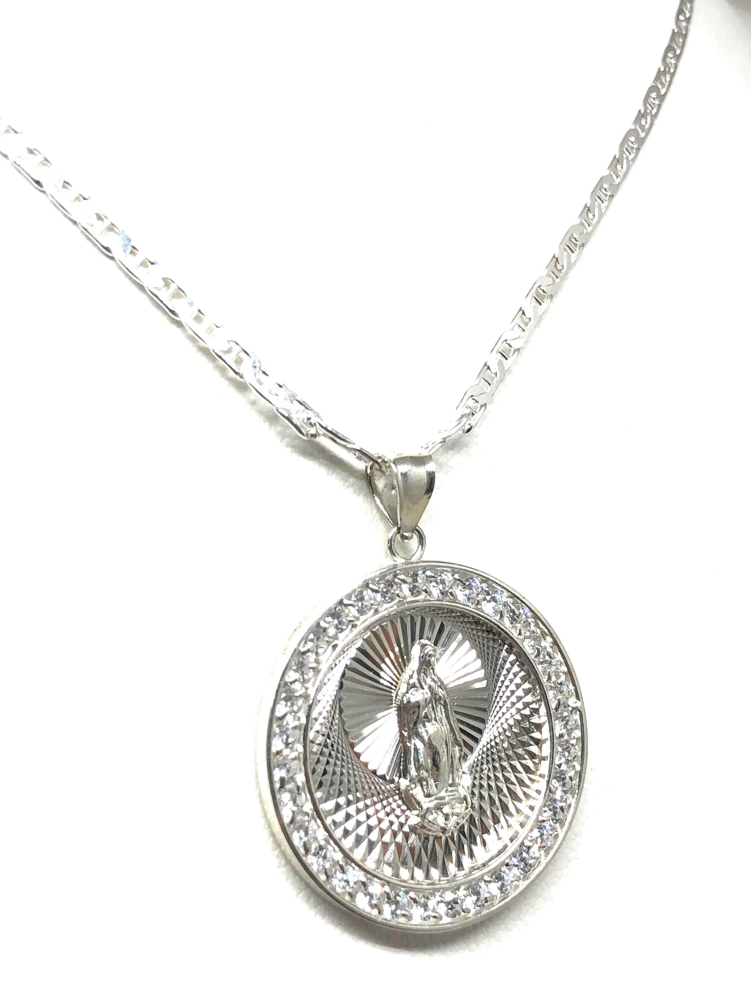 .925 Silver Round Virrgin Marry Pendant CZ Necklace with Chain Options - Image 5