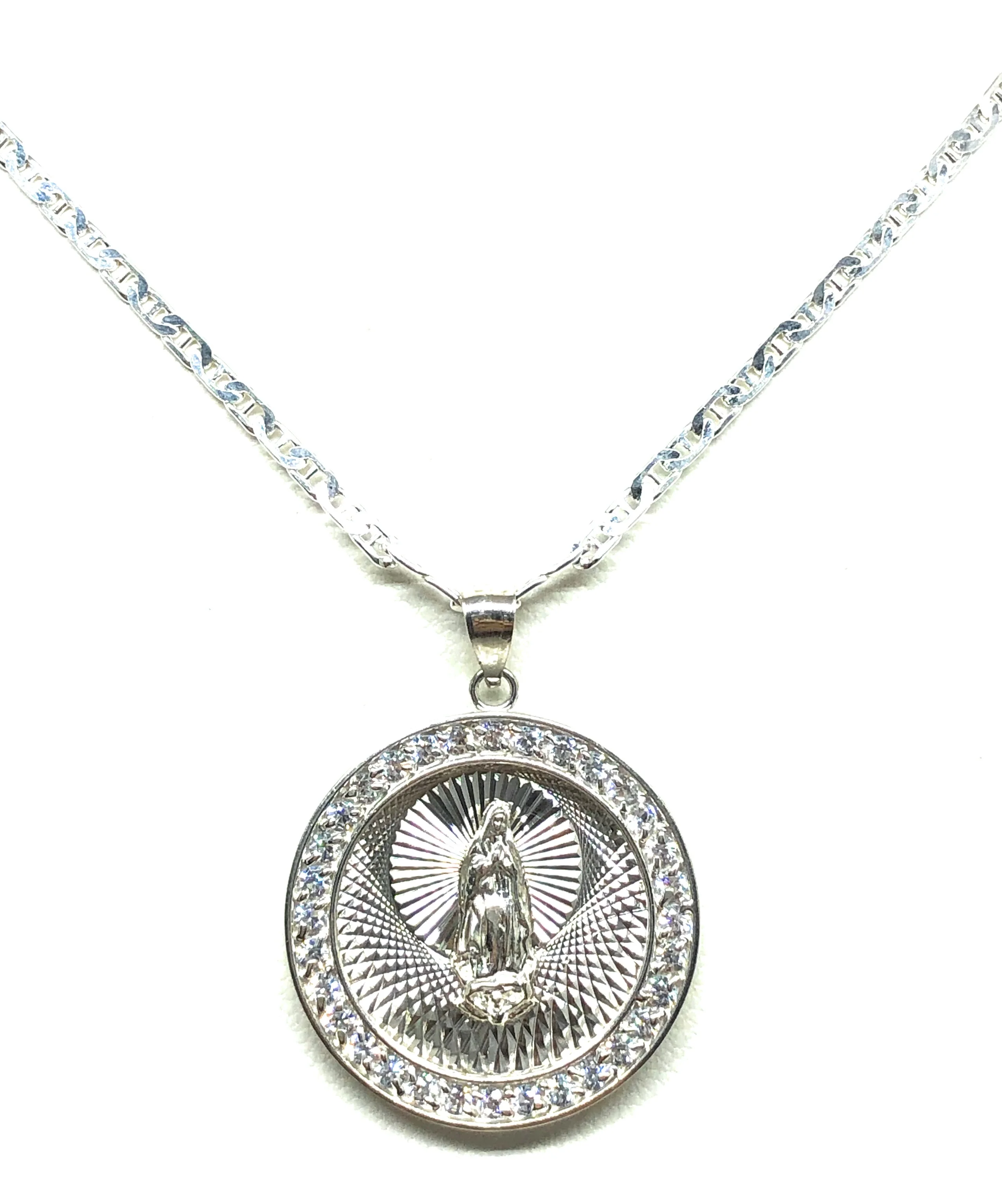 .925 Silver Round Virrgin Marry Pendant CZ Necklace with Chain Options - Image 6