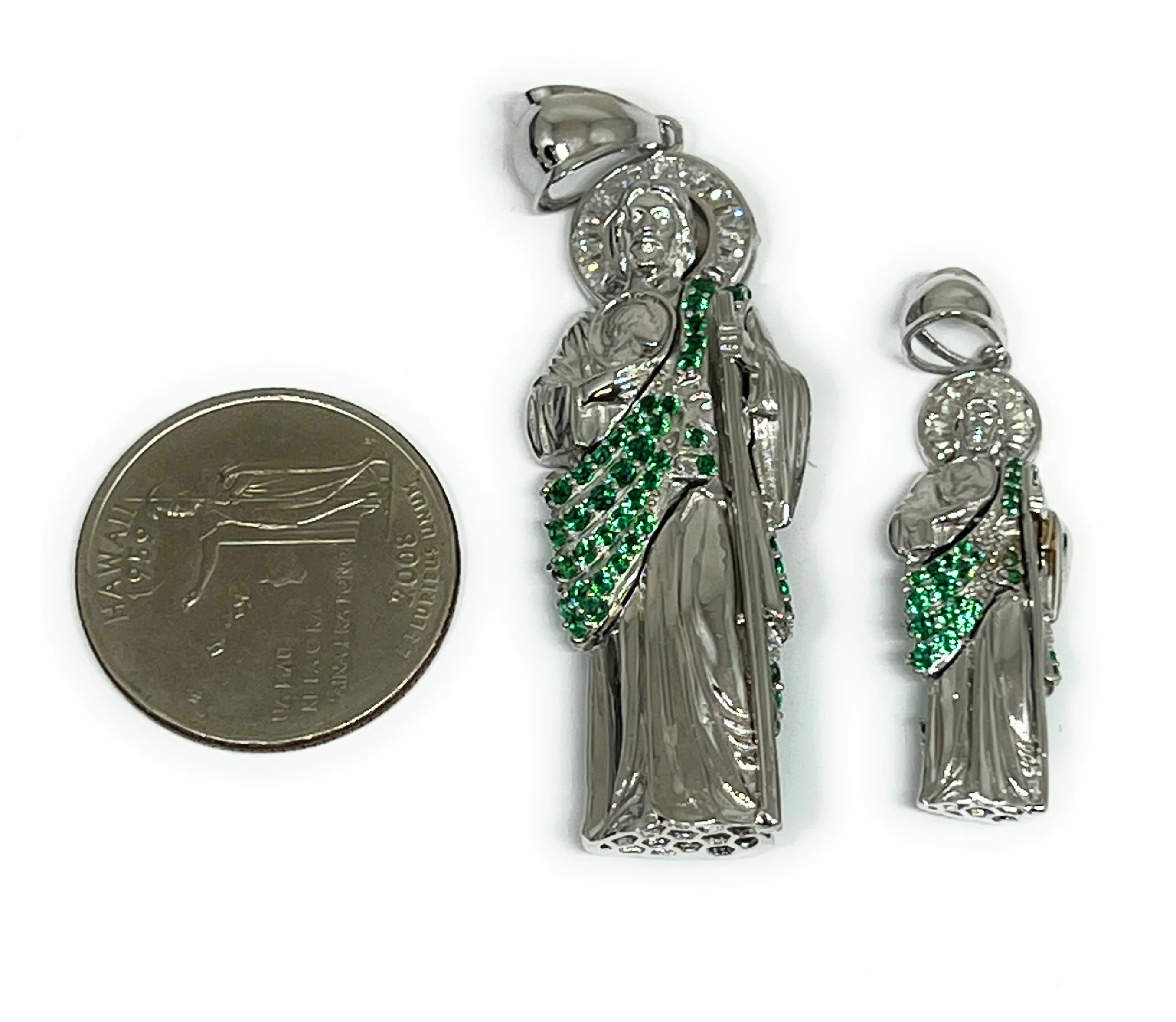 .925 Silver Saan Judas GREEN CZ Saaint Jude 3D Pendant Green CZ Full 3D Statue (SM,LG) - Image 2