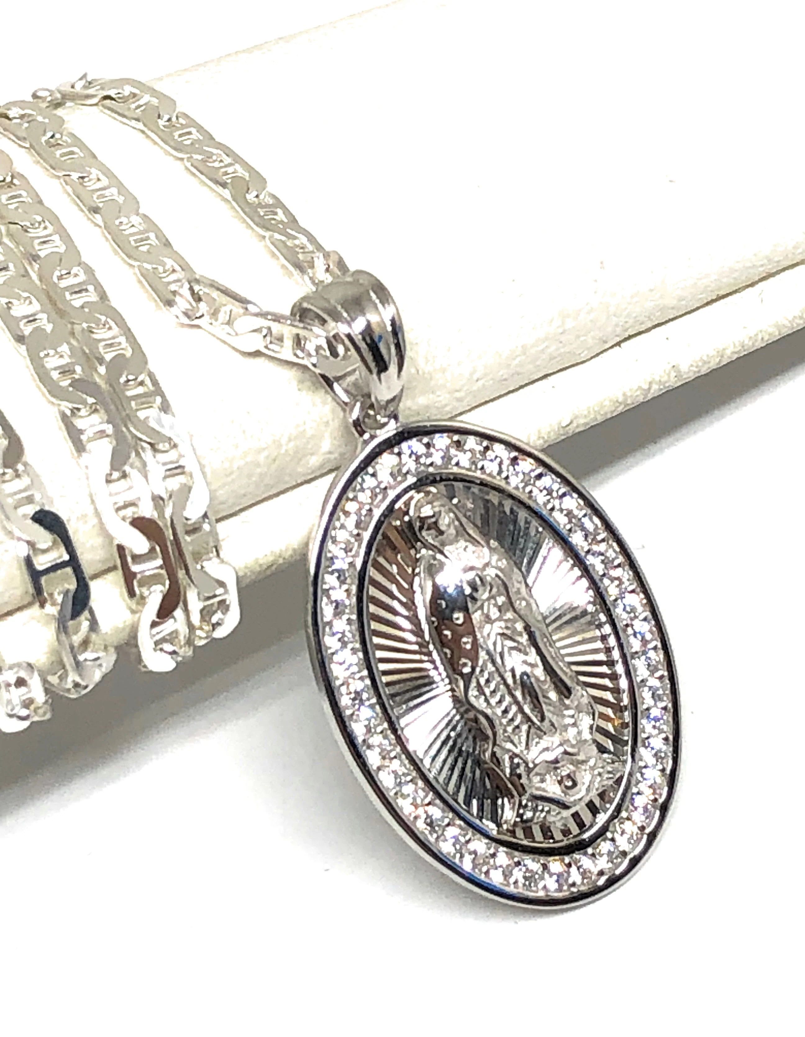 .925 Silver Virrgin Marry Pendant CZ Necklace with Chain Options - Image 5