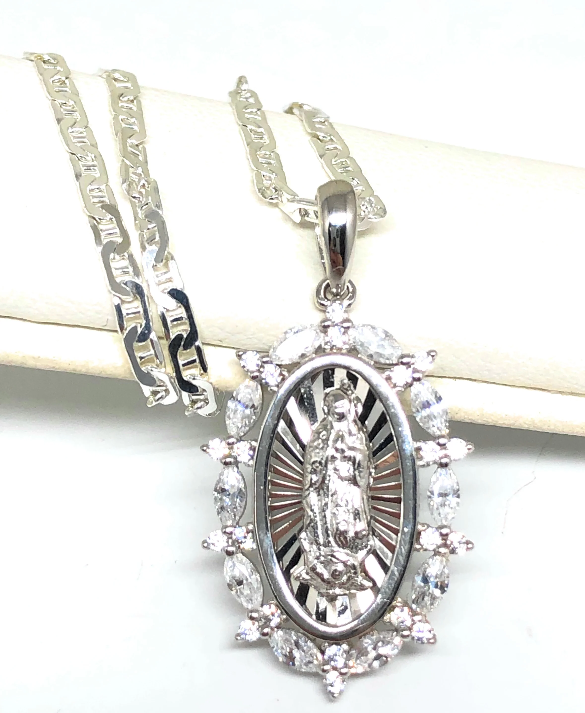 .925 Silver Virrgin Marry Pendant CZ Necklace with Chain Options - Image 3