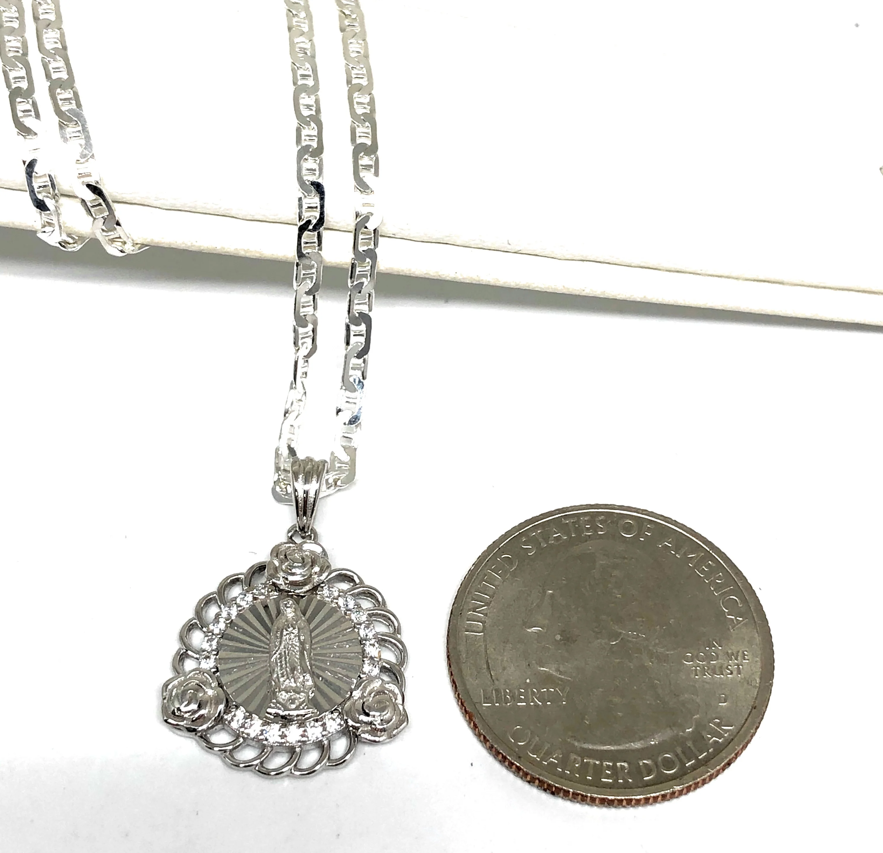 .925 Silver Virrgin Marry Round Pendant CZ Necklace with Chain Options - Image 2