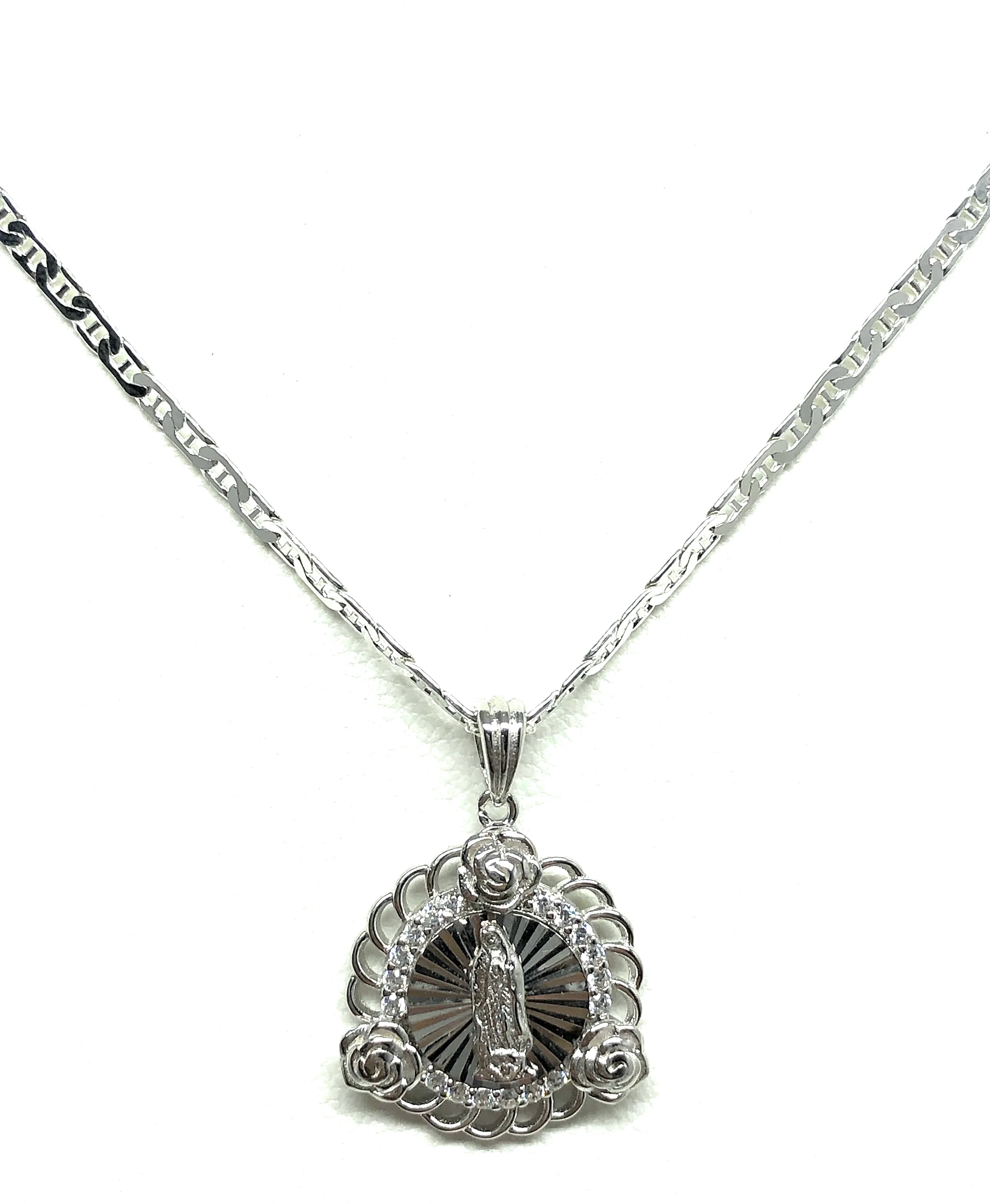 .925 Silver Virrgin Marry Round Pendant CZ Necklace with Chain Options - Image 5