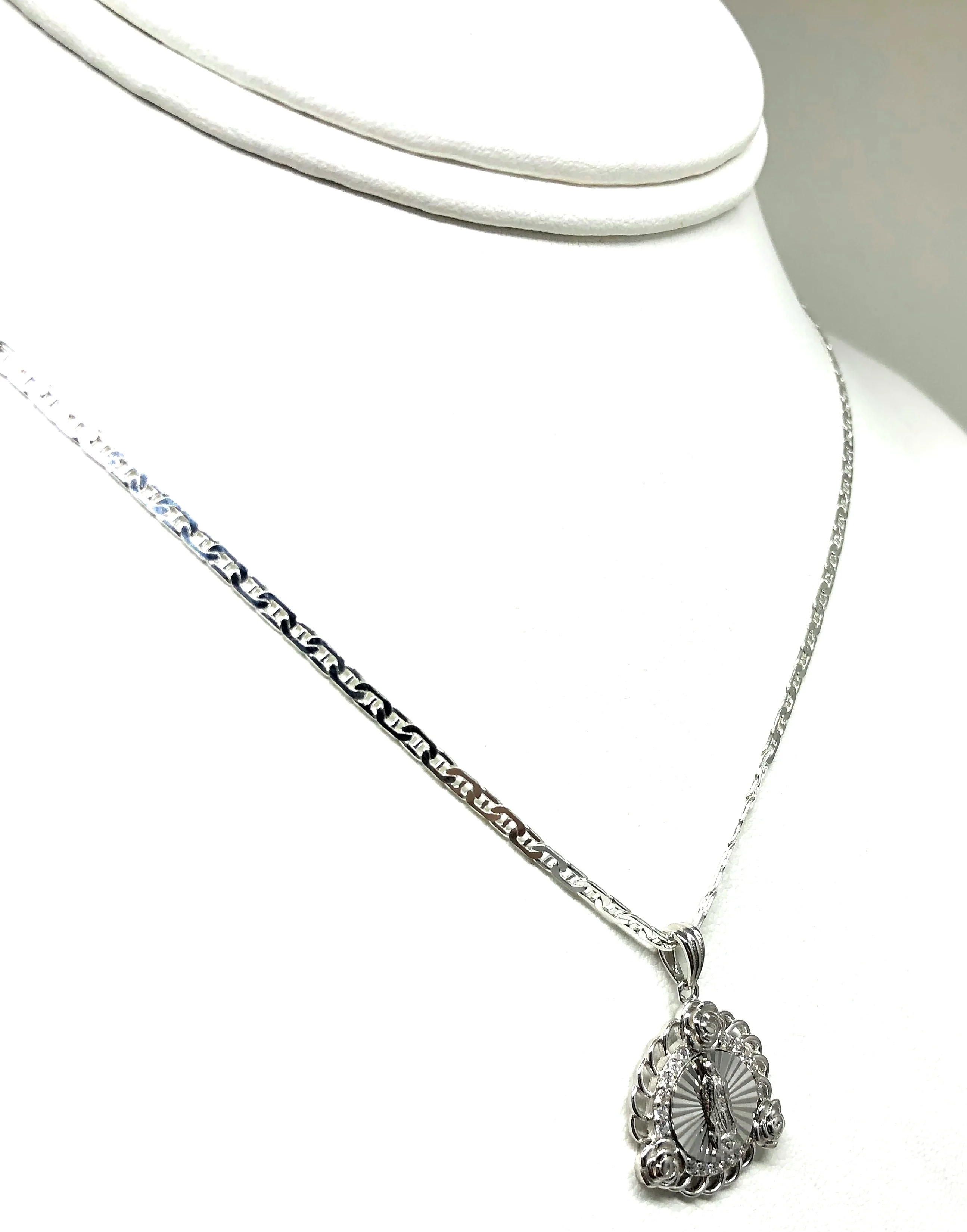 .925 Silver Virrgin Marry Round Pendant CZ Necklace with Chain Options - Image 6