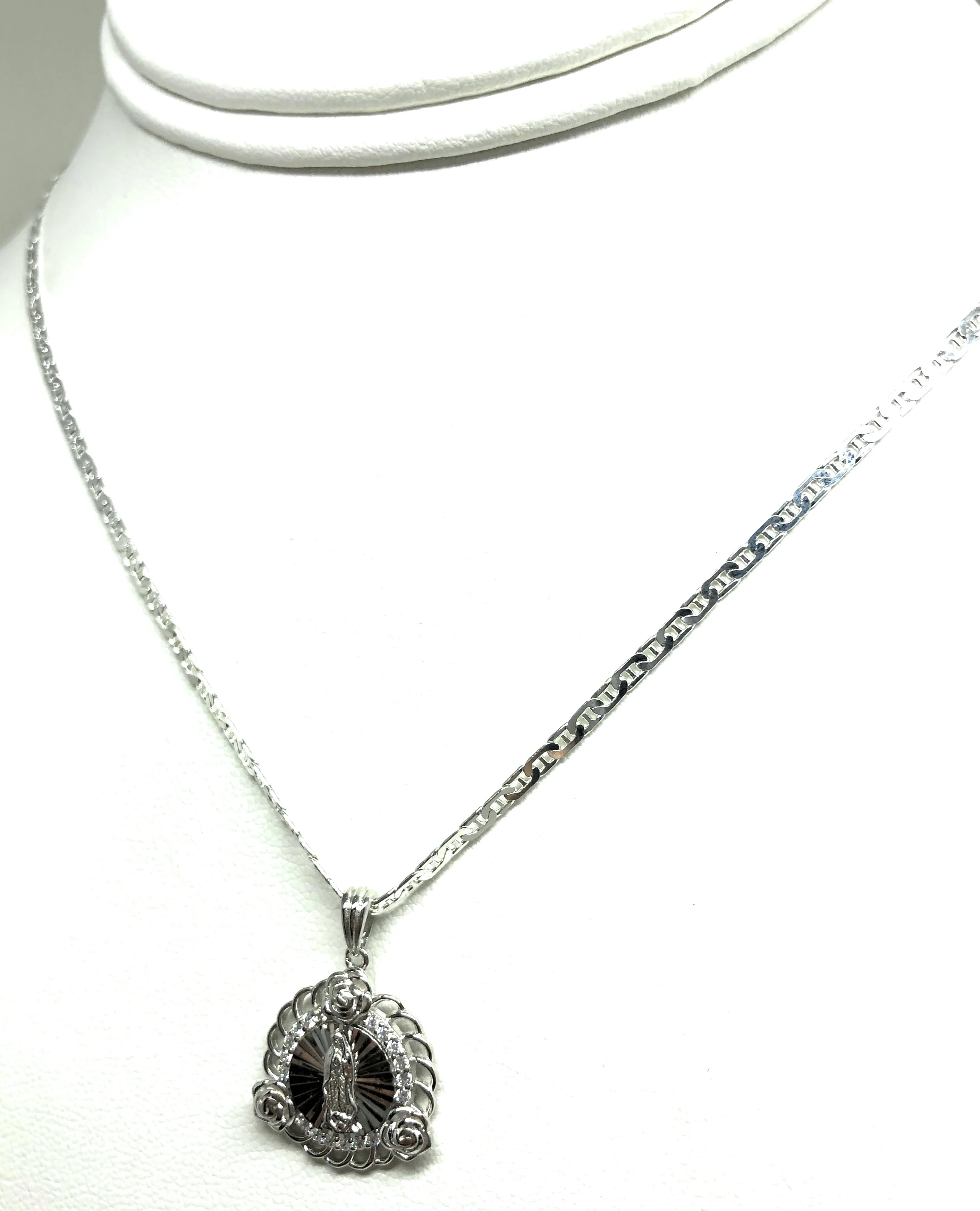 .925 Silver Virrgin Marry Round Pendant CZ Necklace with Chain Options - Image 7
