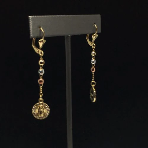 Gold Plated Virgin Mary Earrings with White Stones / Aretes De Oro Laminado De Virgen De Guadalupe Tres Colores Piedras Blancas - Image 4
