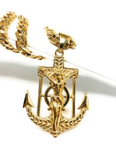 Gold Plated Big Jesus Crucifiix Anchor Pendant Cristo Ancla Crucifijo Cuban Link Chain 30" - Image 3