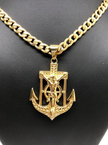 Gold Plated Big Jesus Crucifiix Anchor Pendant Cristo Ancla Crucifijo Cuban Link Chain 30" - Image 4