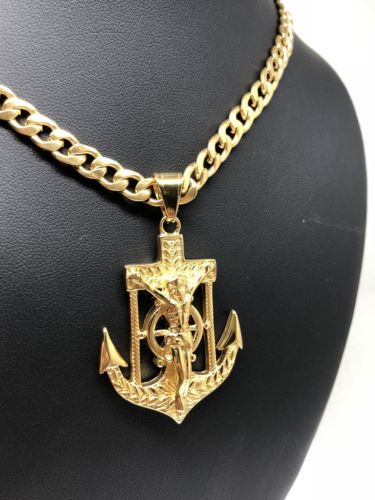 Gold Plated Big Jesus Crucifiix Anchor Pendant Cristo Ancla Crucifijo Cuban Link Chain 30" - Image 5