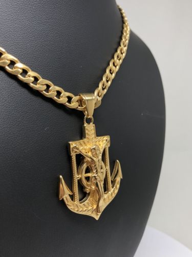 Gold Plated Big Jesus Crucifiix Anchor Pendant Cristo Ancla Crucifijo Cuban Link Chain 30" - Image 6