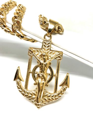 Gold Plated Big Jesus Crucifiix Anchor Pendant Cristo Ancla Crucifijo Cuban Link Chain 30" - Image 9