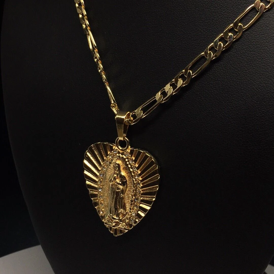 Gold Plated Virgin Mary Heart Pendant with 24" 4mm Figaro Chain Virgen Guadalupe corazón - Image 10