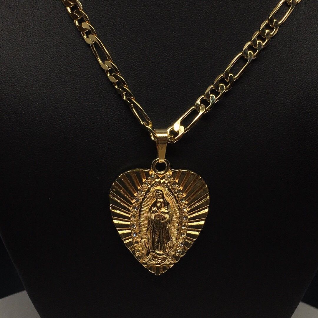 Gold Plated Virgin Mary Heart Pendant with 24" 4mm Figaro Chain Virgen Guadalupe corazón - Image 12