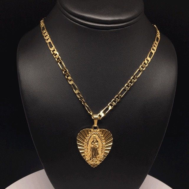 Gold Plated Virgin Mary Heart Pendant with 24" 4mm Figaro Chain Virgen Guadalupe corazón - Image 3
