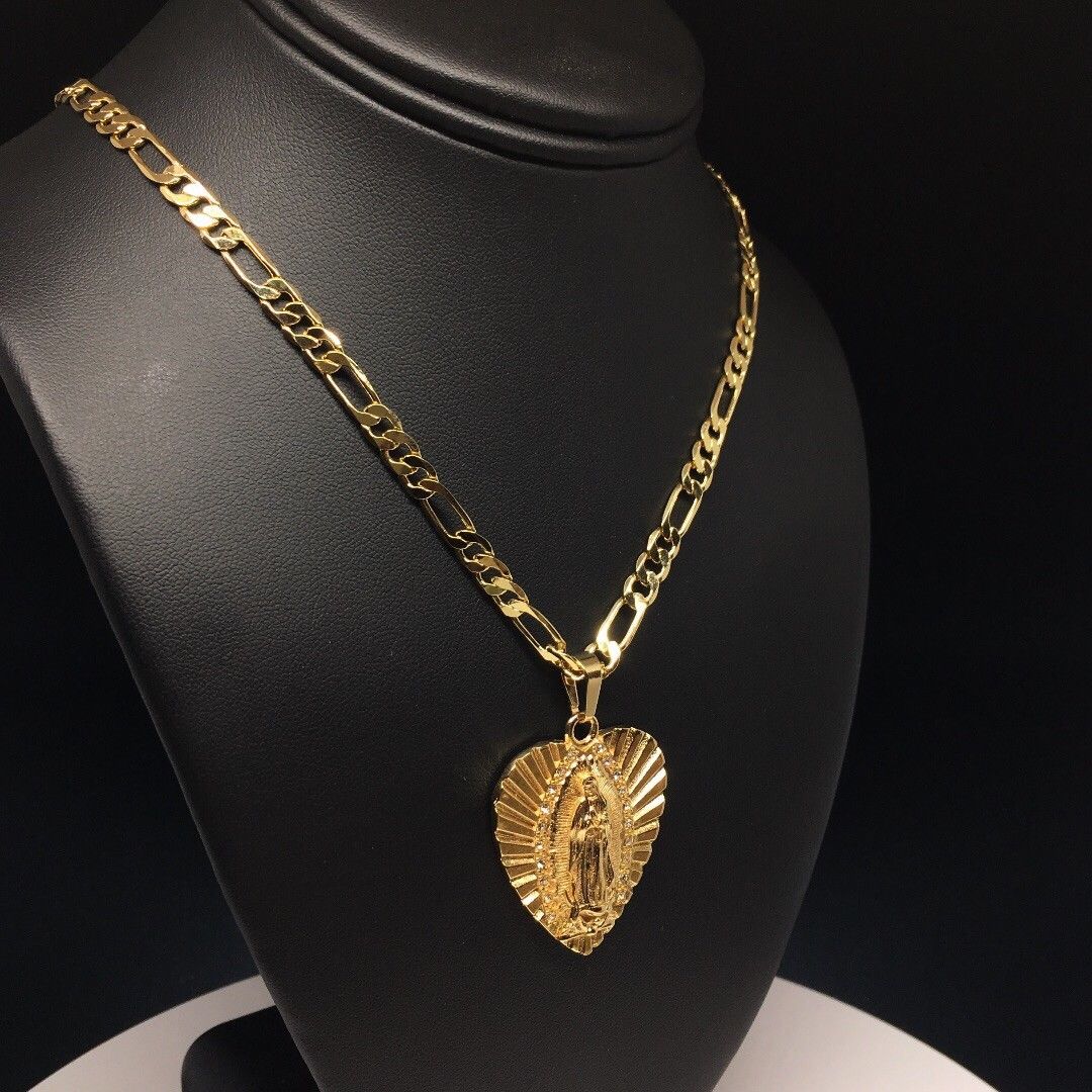 Gold Plated Virgin Mary Heart Pendant with 24" 4mm Figaro Chain Virgen Guadalupe corazón - Image 4