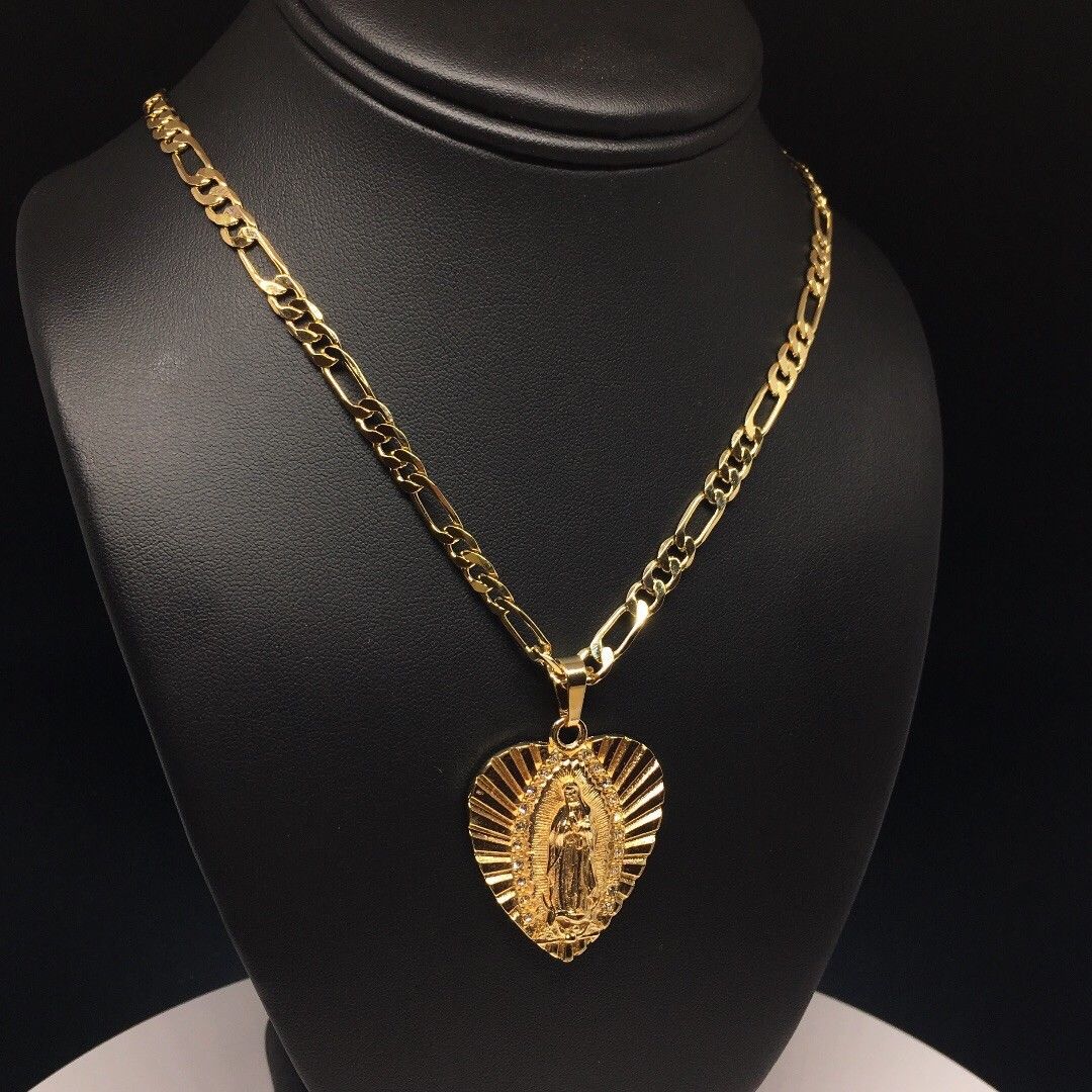 Gold Plated Virgin Mary Heart Pendant with 24" 4mm Figaro Chain Virgen Guadalupe corazón - Image 5