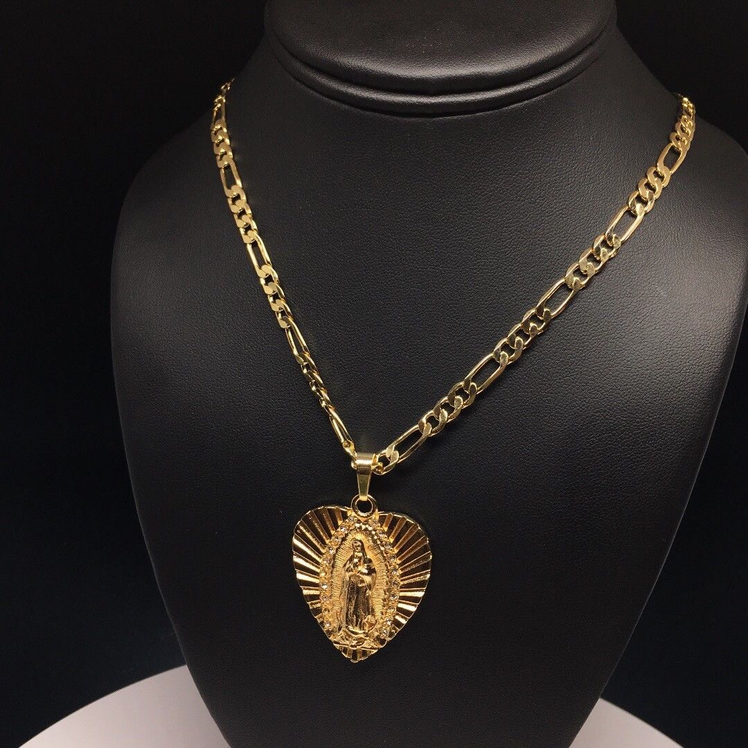 Gold Plated Virgin Mary Heart Pendant with 24" 4mm Figaro Chain Virgen Guadalupe corazón - Image 6