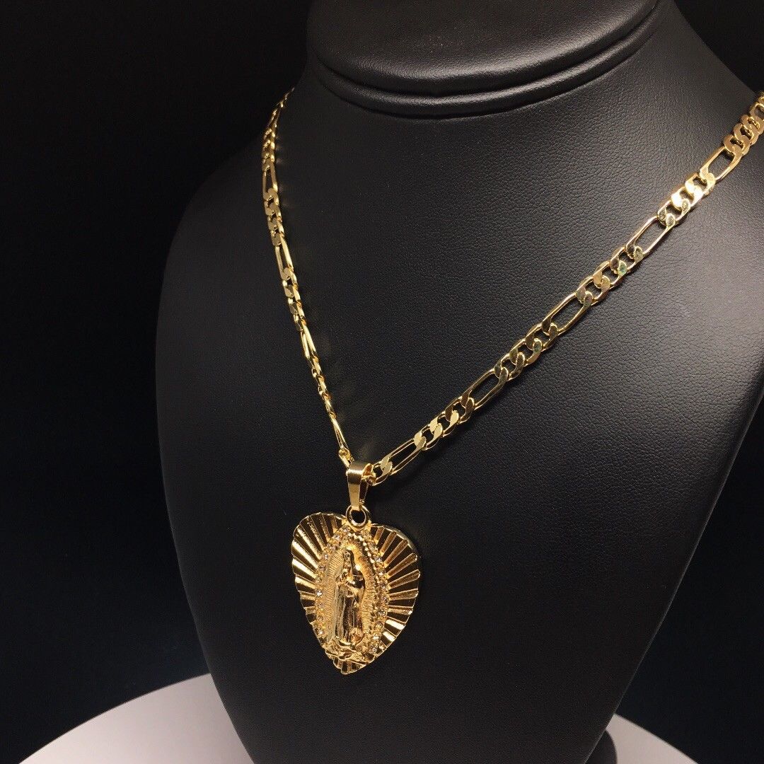 Gold Plated Virgin Mary Heart Pendant with 24" 4mm Figaro Chain Virgen Guadalupe corazón - Image 7