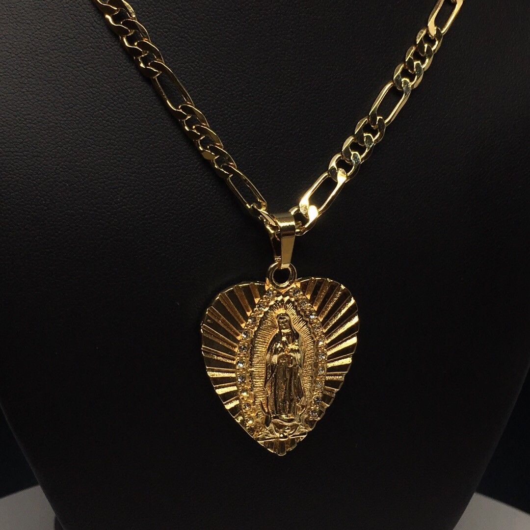 Gold Plated Virgin Mary Heart Pendant with 24" 4mm Figaro Chain Virgen Guadalupe corazón - Image 8