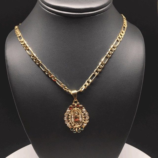 Gold Plated Virgin Mary Pendant With Color Stones 24" Chain / Virgen de Guadalupe Medalla - Image 3