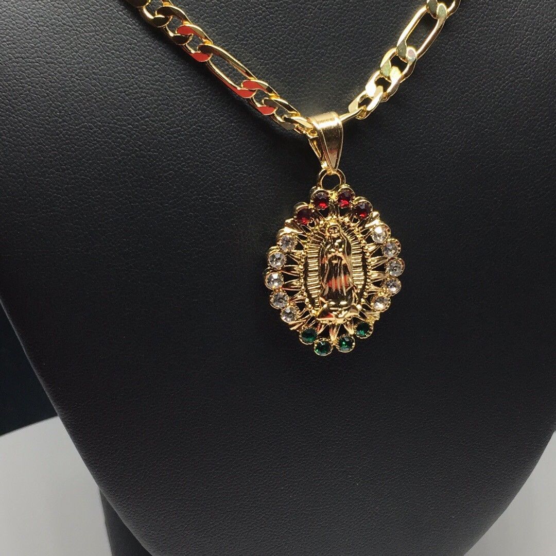 Gold Plated Virgin Mary Pendant With Color Stones 24" Chain / Virgen de Guadalupe Medalla - Image 6