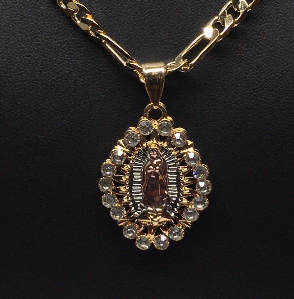 Gold Plated Tri-Color Virgin Mary Pendant White Stones 26" Chain / Virgen De Guadalupe Medalla Tres Oros Con Piedras Blanca Cadena 26" Oro Laminado