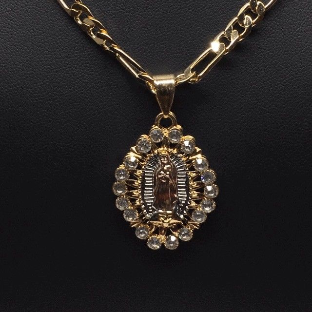 Gold Plated Tri-Color Virgin Mary Pendant White Stones 26" Chain / Virgen De Guadalupe Medalla Tres Oros Con Piedras Blanca Cadena 26" Oro Laminado - Image 10