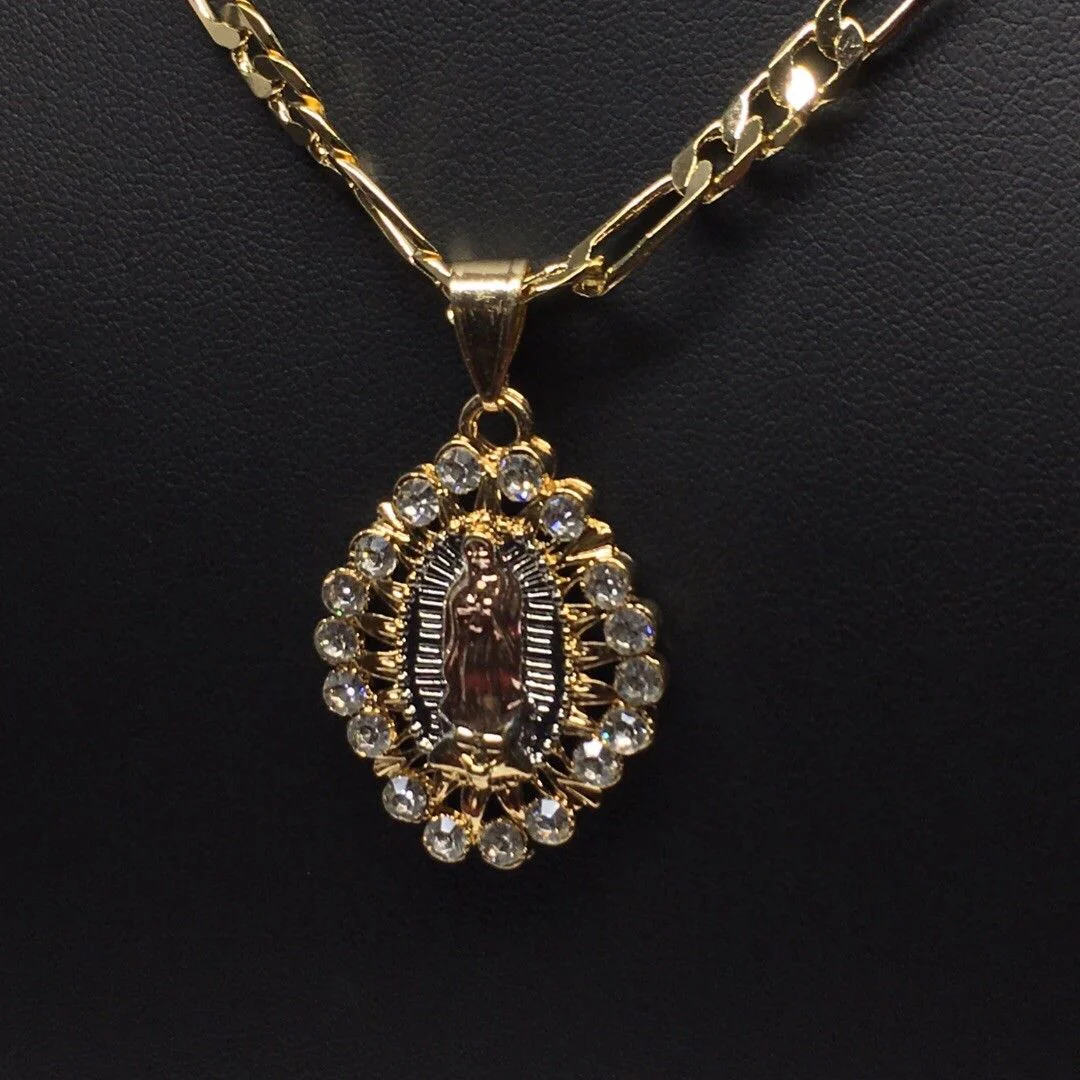 Gold Plated Tri-Color Virgin Mary Pendant White Stones 26" Chain / Virgen De Guadalupe Medalla Tres Oros Con Piedras Blanca Cadena 26" Oro Laminado - Image 11