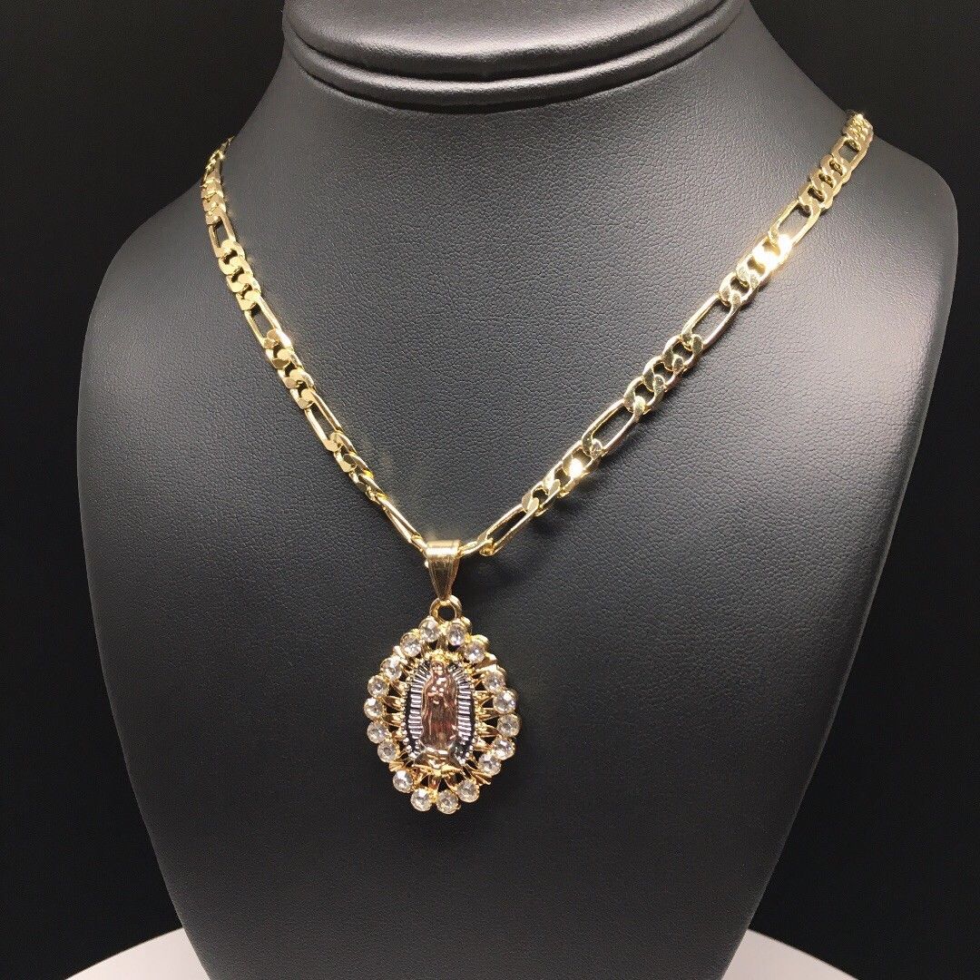 Gold Plated Tri-Color Virgin Mary Pendant White Stones 26" Chain / Virgen De Guadalupe Medalla Tres Oros Con Piedras Blanca Cadena 26" Oro Laminado - Image 2