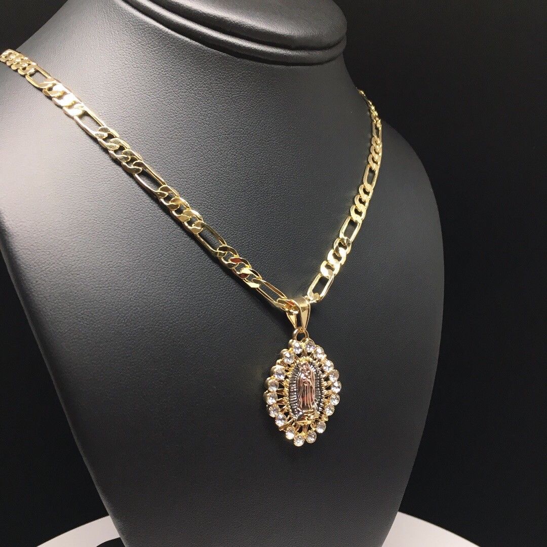 Gold Plated Tri-Color Virgin Mary Pendant White Stones 26" Chain / Virgen De Guadalupe Medalla Tres Oros Con Piedras Blanca Cadena 26" Oro Laminado - Image 4