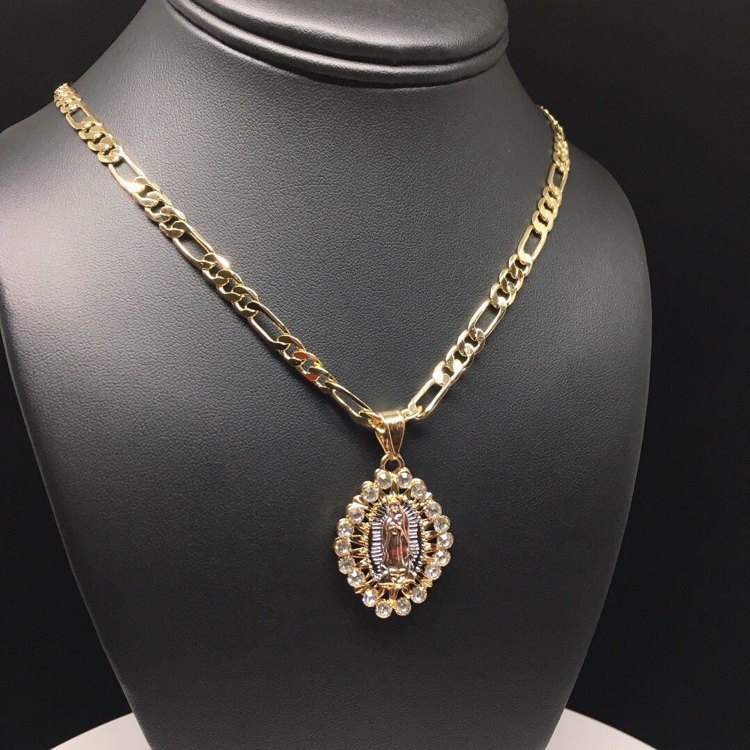 Gold Plated Tri-Color Virgin Mary Pendant White Stones 26" Chain / Virgen De Guadalupe Medalla Tres Oros Con Piedras Blanca Cadena 26" Oro Laminado - Image 5