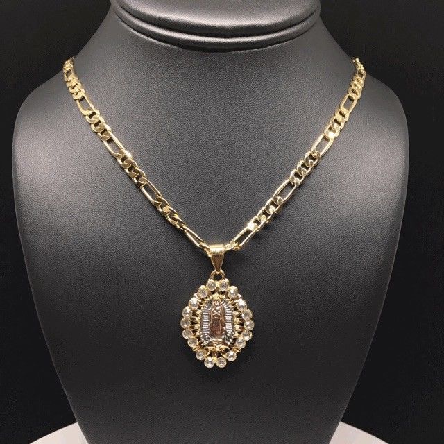 Gold Plated Tri-Color Virgin Mary Pendant White Stones 26" Chain / Virgen De Guadalupe Medalla Tres Oros Con Piedras Blanca Cadena 26" Oro Laminado - Image 6
