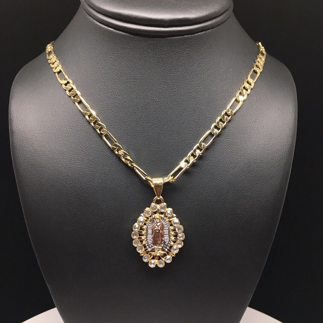 Gold Plated Tri-Color Virgin Mary Pendant White Stones 26" Chain / Virgen De Guadalupe Medalla Tres Oros Con Piedras Blanca Cadena 26" Oro Laminado - Image 7