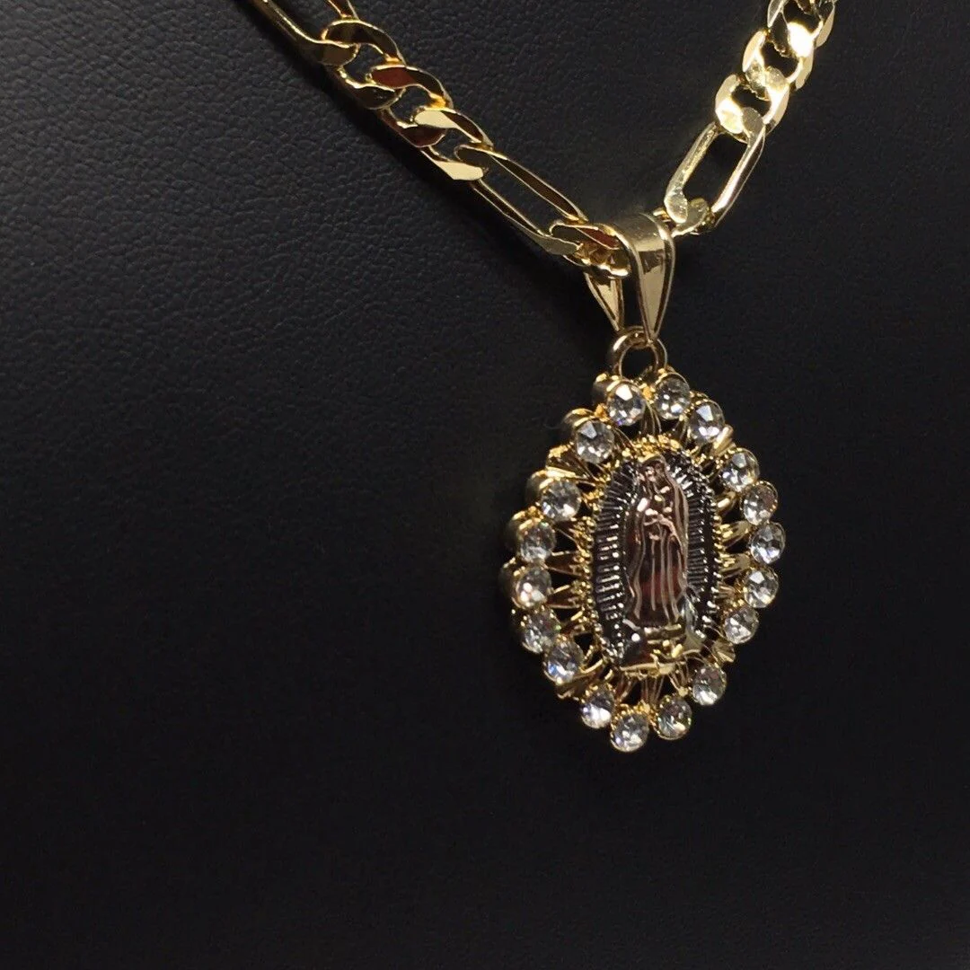 Gold Plated Tri-Color Virgin Mary Pendant White Stones 26" Chain / Virgen De Guadalupe Medalla Tres Oros Con Piedras Blanca Cadena 26" Oro Laminado - Image 8