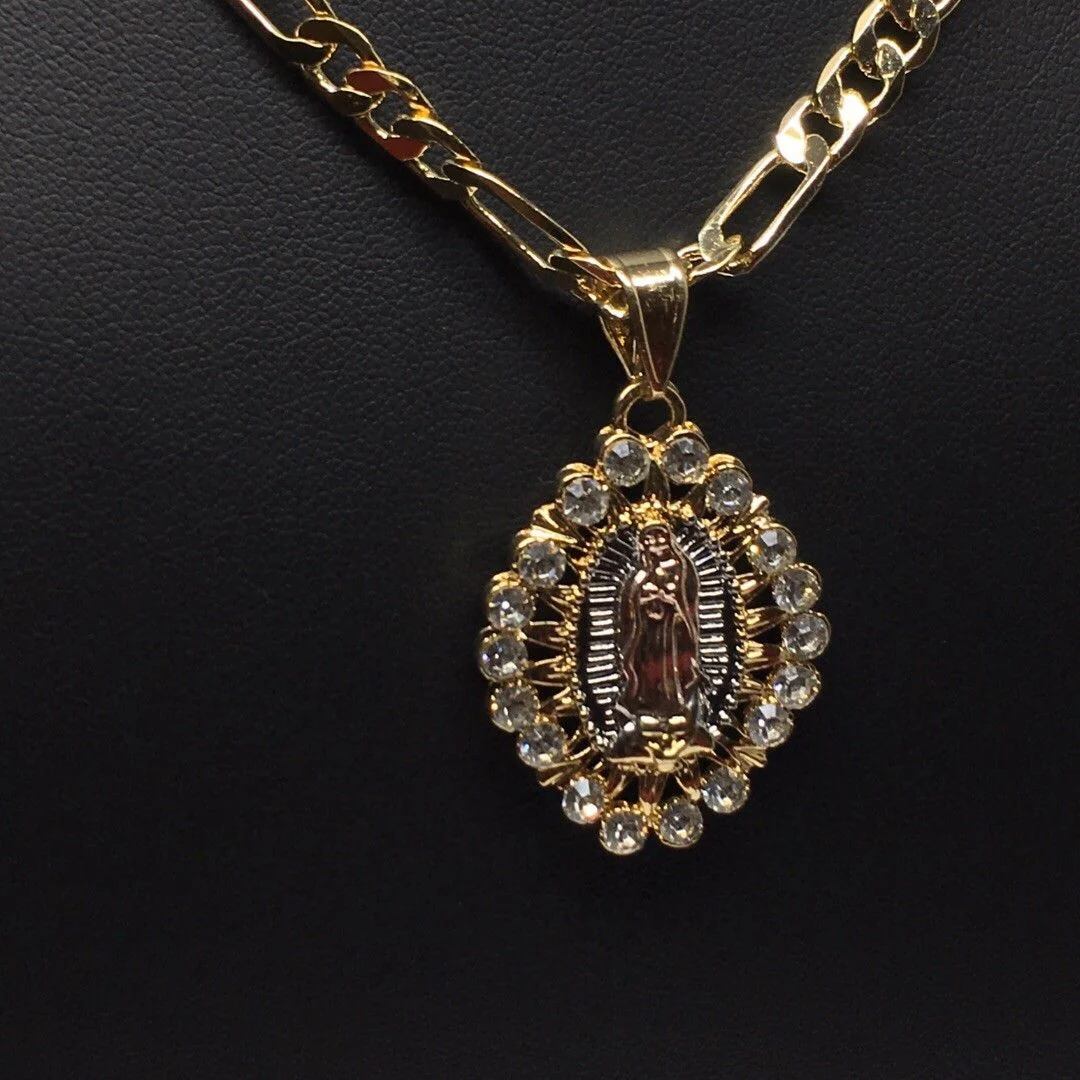 Gold Plated Tri-Color Virgin Mary Pendant White Stones 26" Chain / Virgen De Guadalupe Medalla Tres Oros Con Piedras Blanca Cadena 26" Oro Laminado - Image 9