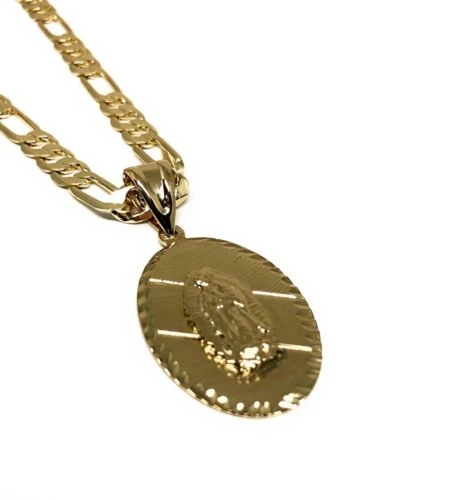 Gold Plated Small Virgin Mary Pendant with 24" Chain Virgen De Guadalupe Medalla
