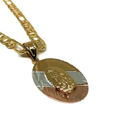 Gold Plated Small Tri-Color Virgin Mary Pendant with 26" Chain / Virgen De Guadalupe Tres Colores Medalla Cadena De 26” Oro Laminado