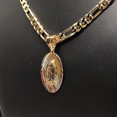 Gold Plated Small Tri-Color Virgin Mary Pendant with 26" Chain / Virgen De Guadalupe Tres Colores Medalla Cadena De 26” Oro Laminado - Image 5