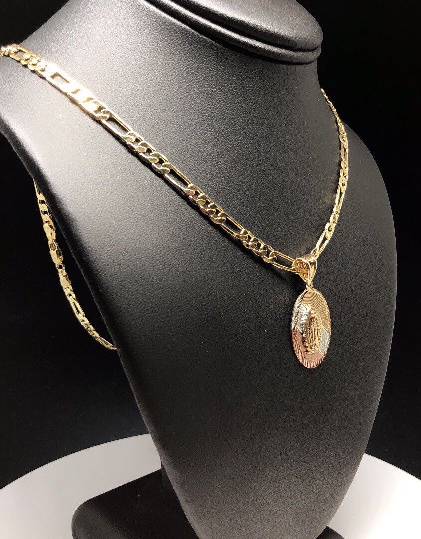 Gold Plated Small Tri-Color Virgin Mary Pendant with 26" Chain / Virgen De Guadalupe Tres Colores Medalla Cadena De 26” Oro Laminado - Image 8